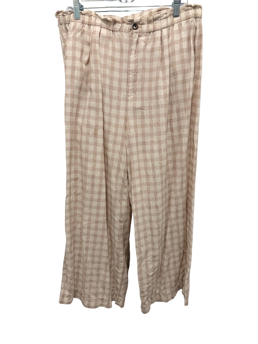 Lou & Grey Cream Gingham Wide-Leg Pants 100% Linen EUC Size L